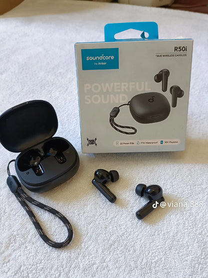 Écouteurs intra-auriculaires sans fil Anker Soundcore R50i True, TWS avec plus de 30 heures de lecture, appels clairs et basses hautes, résistant à l'eau IPX5, application Soundcore Connect avec 22 égaliseurs prédéfinis, connectivité rapide,